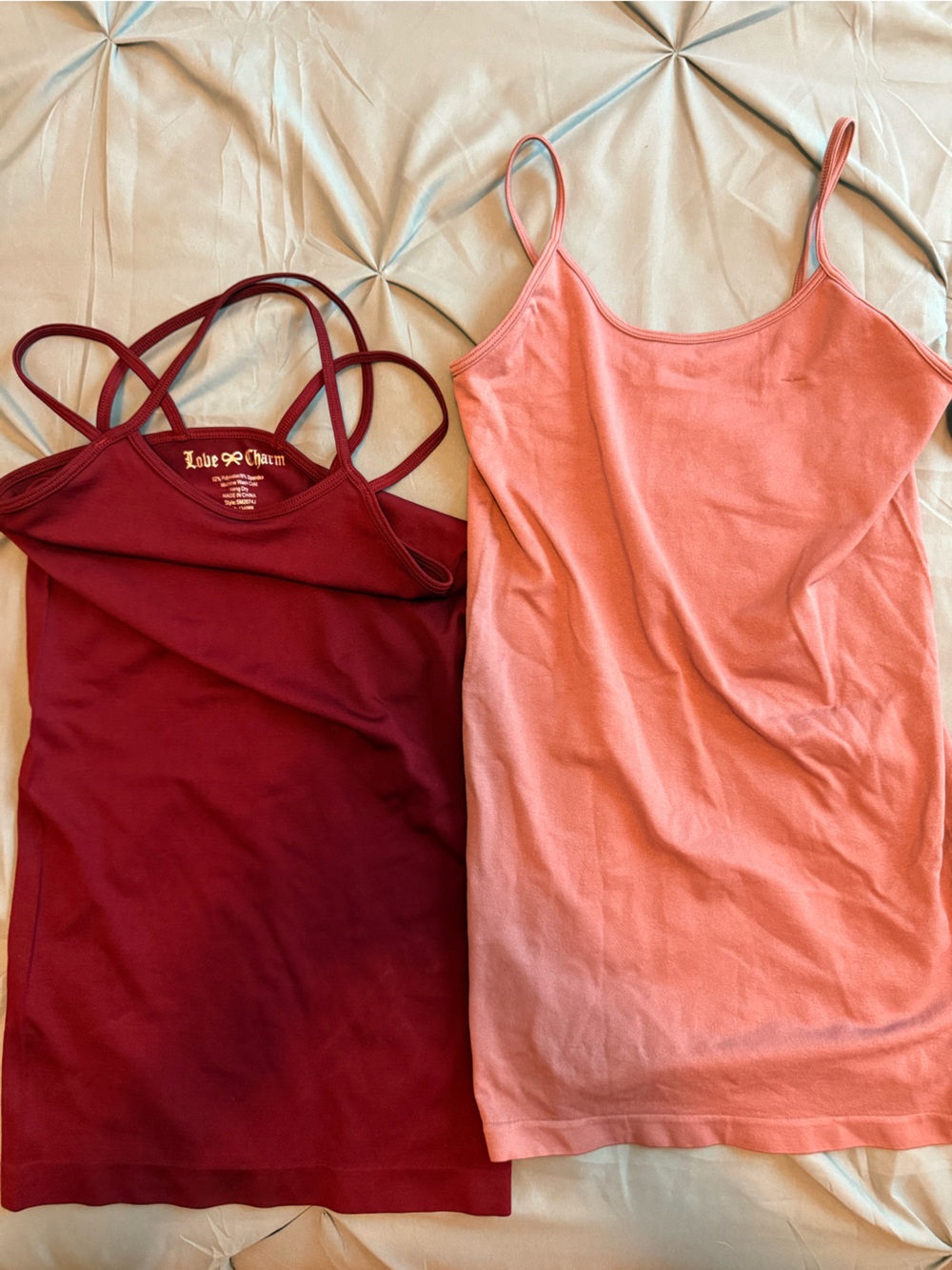 Love & Charm Double-Strap Camisole Set — Coral Pink & Burgundy